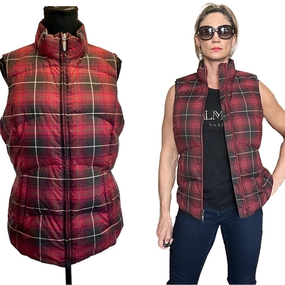 EDDIE BAUER Red Plaid Check Tartan quilted goose Down Puffer Vest Jacket EUC